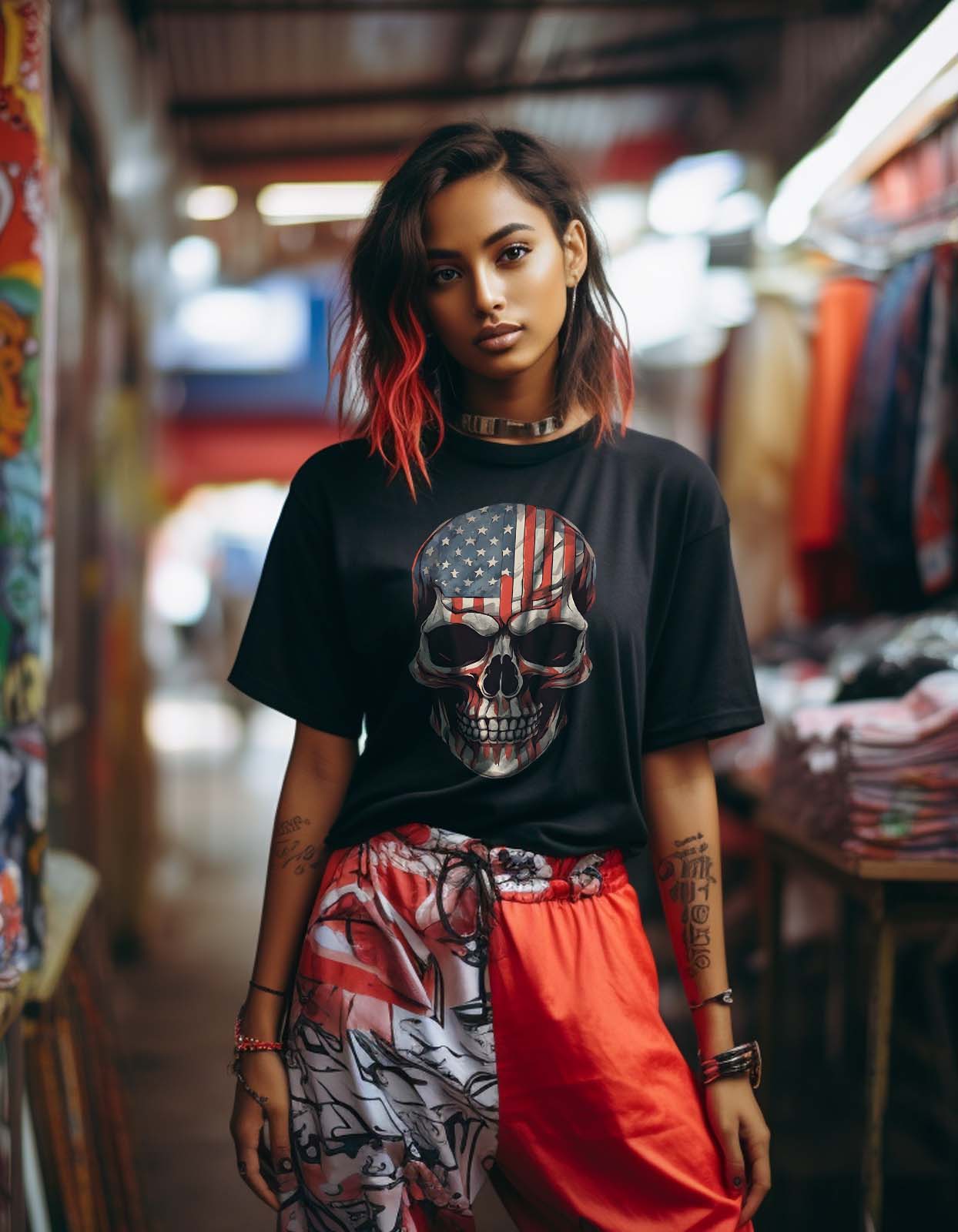 American Flag Skull Oversized T Shirt