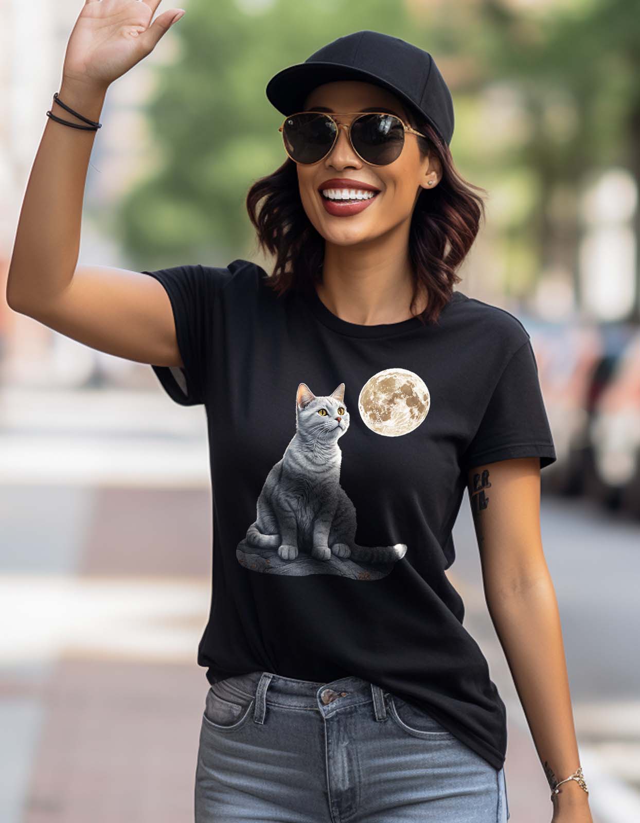 Cat With Moon Poster T Shirt for Cat Lovers