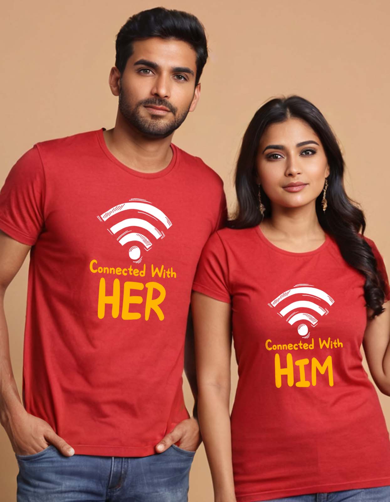 Connect with Her, Him (Wifi) Couple T-shirt