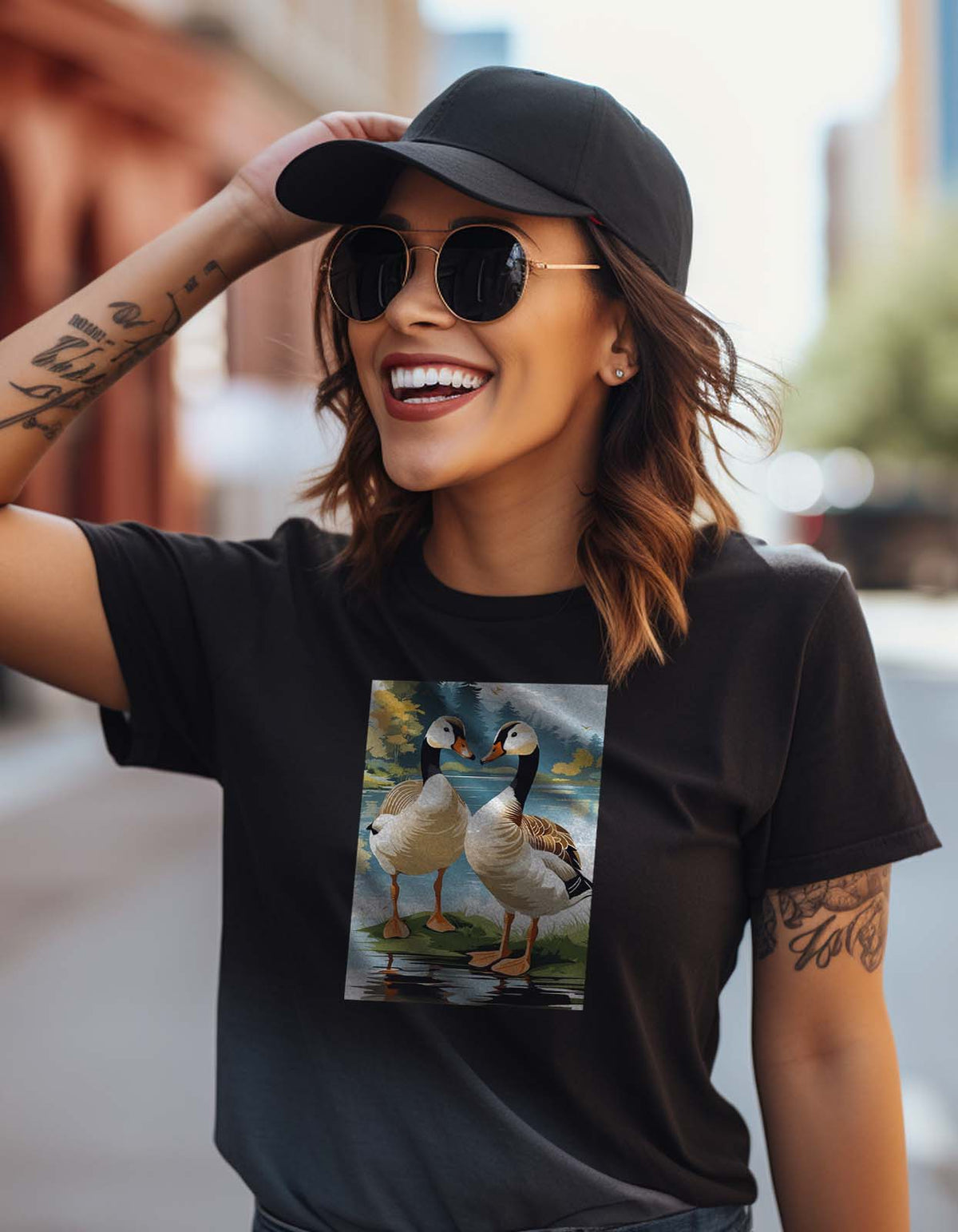 Two Cute Goose Printed Poster T Shirt